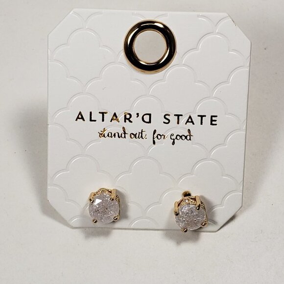 Altar'd State Polished Textured Gold Tone White Crystal Stud Earrings - Picture 5 of 7
